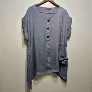 Papa Vancouver Boho Button Down Short Sleeve Flowy Fit Blouse Tunic Top Grey